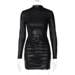 Leather Pleated Slim Fit Round Neck Long Sleeves Dress